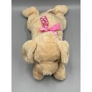 MTY International Plush Dog Brown Laying Down Hearts Bow Large 22” Stuffed Puppy